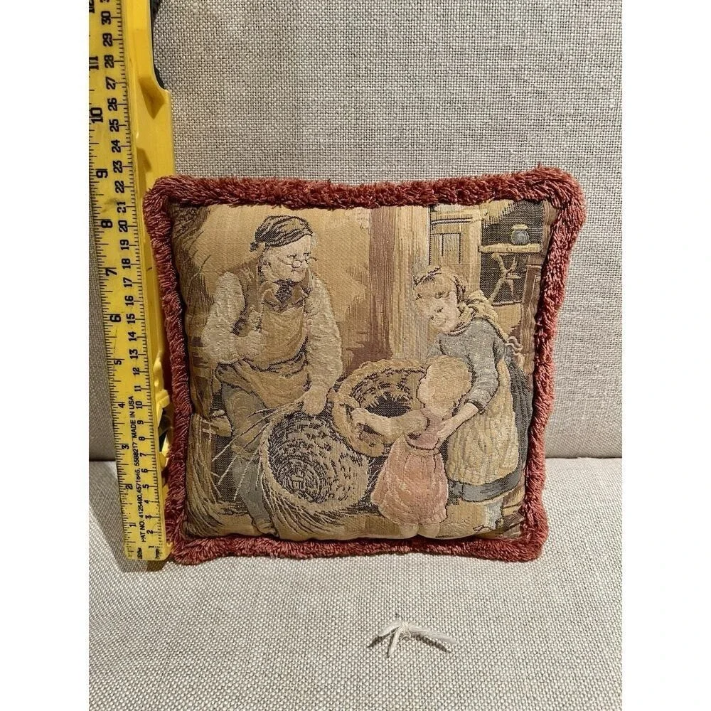 Antique FRENCH TAPESTRY w/ LITTLE GIRL TAKING BROKEN BASKET to the BASKET MAKER